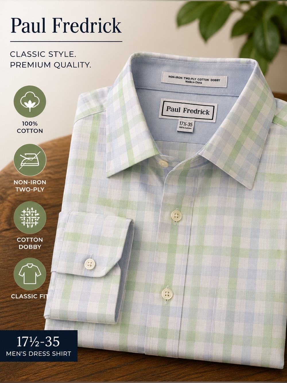 Paul Fredrick Men’s 17.5 35 Non-Iron Cotton Plaid Dress Shirt Green Blue
